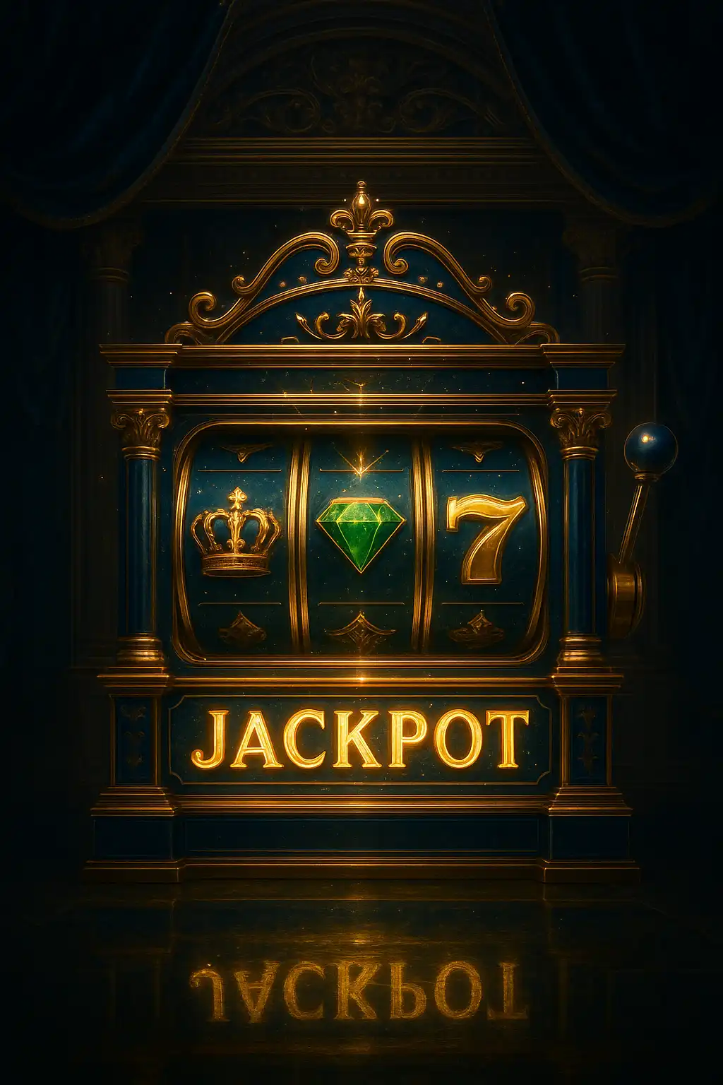 Royal RaraWin casino illustration with glowing gold slot reels and sapphire drapery